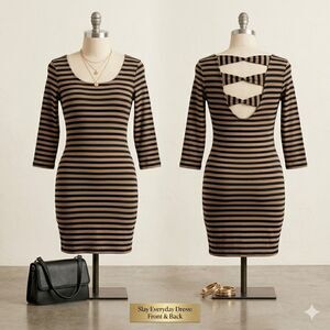 Soprano Black & Tan Striped Fitted Dress Size Medium